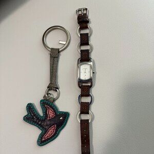 Fossil Watch with Brown Leather Band and Fossil Leather Key Fob